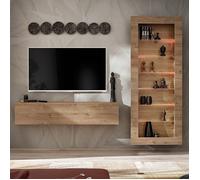 Komodee Meuble TV avec Vitrine Suspendue Como - Chene - Miel Truffe - LED RGB - 211 x 178 x 23 cm