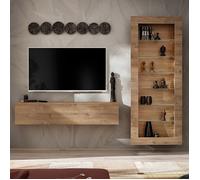 Komodee Meuble TV avec Vitrine Suspendue Como - Chene - Miel Truffe - sans LED - 211 x 178 x 23 cm