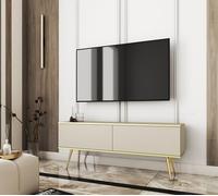 Komodee Meuble TV Banff RTV135 - Beige - Pieds dorés - Largeur 135 cm, Hauteur 53 cm, Profondeur 32 cm