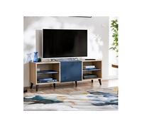 komodee, Meuble TV Fondi, bleu, bois clair avec porte et 2 etageres, 136 x 35x 49 cm, pour salon, chambre