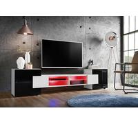 Komodee, Meuble Banc TV Merano, Blanc Blanc Noir, Largeur 230 cm x Hauteur 52,5 cm x Profondeur 35 cm, LED RGB, pour Salon, Chambre