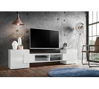 Komodee, Meuble Banc TV Merano, Blanc, Largeur 230 cm x Hauteur 52,5 cm x Profondeur 35 cm, sans LED, pour Salon, Chambre