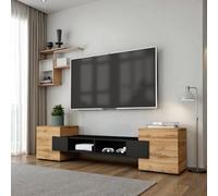 Komodee Meuble TV Torino, Noir, Chêne Wotan, Largeur 181 cm x Hauteur 40 cm x Profondeur 35 cm, pour Salon, Chambre à Coucher