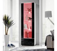 Komodee Vitrine Alessandria A2 Blanc/Noir 60x192x42 cm | Vitrine Armoire Alessandria, Blanc Noir, Largeur 60 cm x Hauteur :192 cm x Profondeur 42 cm, LED RGB, 3 étagères, pour Salon