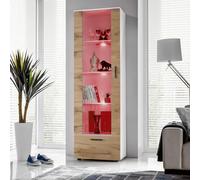Komodee Vitrine Alessandria A2 Blanc/Wotan 60x192x42 cm | Vitrine Armoire Alessandria, Blanc Wotan, Largeur 60 cm x Hauteur :192 cm x Profondeur 42 cm, LED RGB, 3 étagères