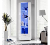 Komodee, Vitrine Armoire Alessandria, Blanc Blanc, Largeur 60 cm x Hauteur :192 cm x Profondeur 42 cm, LED Bleues, 3 étagères, pour Salon, Chambre, Entrée