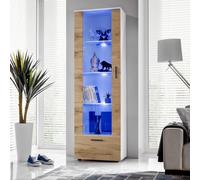 Komodee, Vitrine Armoire Alessandria, Blanc Wotan, Largeur 60 cm x Hauteur :192 cm x Profondeur 42 cm, LED Bleues, 3 étagères, pour Salon, Chambre, Entrée