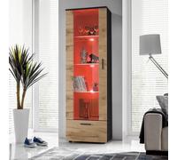 Komodee, Vitrine Armoire Alessandria, Noir Wotan, Largeur 60 cm x Hauteur :192 cm x Profondeur 42 cm, LED RGB, 3 étagères, pour Salon, Chambre, Entrée