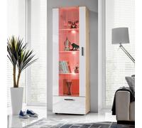 Komodee, Vitrine Armoire Alessandria, Wotan Blanc, Largeur 60 cm x Hauteur :192 cm x Profondeur 42 cm, LED RGB, 3 étagères, pour Salon, Chambre, Entrée