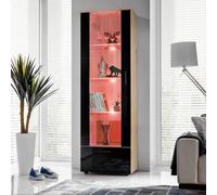 Komodee, Vitrine Armoire Alessandria, Wotan Noir, Largeur 60 cm x Hauteur :192 cm x Profondeur 42 cm, LED RGB, 3 étagères, pour Salon, Chambre, Entrée
