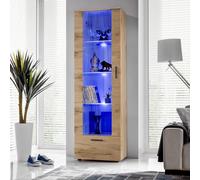 Komodee, Vitrine Armoire Alessandria, Wotan Wotan, Largeur 60 cm x Hauteur :192 cm x Profondeur 42 cm, LED Bleues, 3 étagères, pour Salon, Chambre, Entrée