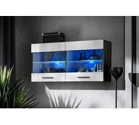 Komodee, Vitrine Armoire Savona, Blanc Noir, Largeur 100 cm x Hauteur 50 cm x Profondeur 30 cm, LED Bleues, 2 étagères, pour Salon, Chambre, Entrée, Cuisine