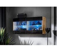 Komodee, Vitrine Armoire Savona, Noir Wotan, Largeur 100 cm x Hauteur 50 cm x Profondeur 30 cm, LED Bleues, 2 étagères, pour Salon, Chambre, Entrée, Cuisine