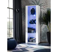 Komodee Vitrine Armoire Tivoli, Blanc/Blanc, Largeur 55cm x Hauteur 159cm x Profondeur 35cm,LED Bleu, 3 étagères en Verre, pour Salon, Chambre, Entrée