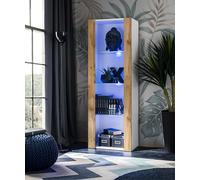 Komodee Vitrine Armoire Tivoli, Blanc/Wotan, Largeur 55cm x Hauteur 159cm x Profondeur 35cm,LED Bleu, 3 étagères, pour Salon, Chambre, Entrée