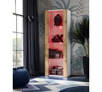 Komodee Vitrine Armoire Tivoli, Blanc/Wotan, Largeur 55cm x Hauteur 159cm x Profondeur 35cm,LED RGB, 3 étagères en Verre, pour Salon, Chambre, Entrée