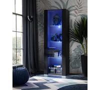 Komodee Vitrine Armoire Tivoli, Noir/Noir, Largeur 55cm x Hauteur 159cm x Profondeur 35cm,LED Bleu, 3 étagères, pour Salon, Chambre, Entrée