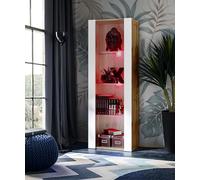 Komodee Vitrine Armoire Tivoli, Wotan/Blanc, Largeur 55cm x Hauteur 159cm x Profondeur 35cm,LED RGB, 3 étagères en Verre, pour Salon, Chambre, Entrée