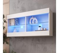 Komodee Vitrine Suspendue Tivoli, Blanc Blanc, Largeur 100 cm x Hauteur 50 cm x Profondeur 29 cm, LED Bleues, pour Salon, Chambre