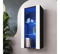 Komodee Vitrine Suspendue Tivoli, Blanc Noir, Largeur 50 cm x Hauteur 100 cm x Profondeur 29 cm, LED Bleues, pour Salon, Chambre