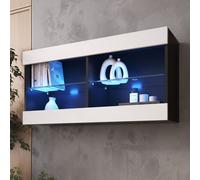Komodee Vitrine Suspendue Tivoli, Blanc Noir, Largeur 100 cm x Hauteur 50 cm x Profondeur 29 cm, LED Bleues, pour Salon, Chambre