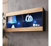Komodee Vitrine Suspendue Tivoli, Wotan Noir, Largeur 100 cm x Hauteur 50 cm x Profondeur 29 cm, LED Bleues, pour Salon, Chambre
