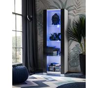 Komodee Vitrine Armoire Tivoli, Blanc/Noir, Largeur 55cm x Hauteur 159cm x Profondeur 35cm,LED Bleu, 3 étagères en Verre, pour Salon, Chambre, Entrée