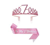 Komoke Couronne d'anniversaire et écharpe pour fille - Couronne pailletée avec strass et écharpe d'anniversaire pour enfants, diadème de princesse et décoration pour fête d'anniversaire (7ème
