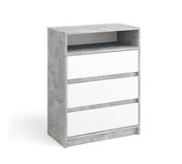 Komto Commode Béton et Blanc - Meuble de Rangement Bicolore avec 3 Tiroirs et 1 Niche Ouverte, Style Moderne pour Salon, Bureau ou Chambre Enfant | Leon 70 x 37 x 90 cm (L x P x H)