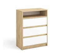 Komto Commode Chêne Miel et Blanc - Meuble de Rangement avec 3 Tiroirs et 1 Niche Ouverte, Alliance Bois et Blanc pour Chambre, Salon ou Bureau | Leon 70 x 37 x 90 cm (L x P x H)