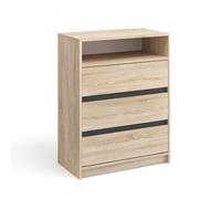 Komto Commode Chêne Sonoma - Meuble de Rangement avec 3 Tiroirs et 1 Niche Ouverte, Style Bois Clair pour Salon, Bureau ou Chambre Bébé/Enfant | Leon 70 x 37 x 90 cm (L x P x H)