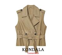 KONDALA Gilet Chic Décontracté Femme Kaki Uni à Bouton Unique et Nœud Ceinturé Sans Manches Nouvelle Tendance Été 2026 Gilet de Vacances as-picture