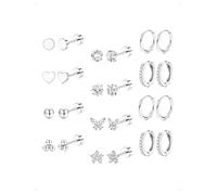 KONFEN 12 Paires Lot Boucles D'Oreilles Clous Créoles Acier Inoxydable Femme, Piercing Oreille Cartilage Clou D'Oreille Papillon Fleur Zirconium Sphère Cœur Petites Creoles Tragus Bijoux, Argent