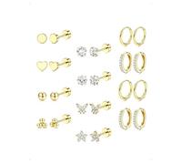 KONFEN 12 Paires Lot Boucles D'Oreilles Clous Créoles Acier Inoxydable Femme, Piercing Oreille Cartilage Clou D'Oreille Papillon Fleur Zirconium Sphère Cœur Petites Creoles Tragus Bijoux Fantaisie Or