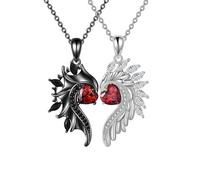 KONFEN 2 Pièces Collier Couple, Aile D'ange Collier Pendentif en Acier Inoxydable avec Zircon Cubique, Pendentif Gothique Punk en Forme de Cœur avec Chaîne de Pendentifs en Alliage Réglable Cadeaux