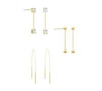 KONFEN 3 Paires Clous D'Oreilles Femme À Franges Plaqué Or 14K, Piercing Boucle D'Oreille Clous À Chaîne Longues Avec Brillant Zircone, Élégantes Hypoallergénique Boucle Pendante Bijoux Cadeau, Doré