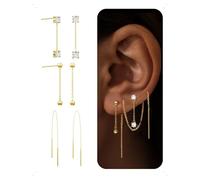 KONFEN 3 Paires Clous D'Oreilles Femme À Franges Plaqué Or 14K, Piercing Boucle D'Oreille Clous À Chaîne Longues Avec Brillant Zircone, Élégantes Hypoallergénique Boucle Pendante Bijoux Cadeau, Doré