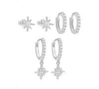 KONFEN 3 Paires Lot Boucles D'Oreilles Clou Créoles Femme, Créoles Zirconium Étoile à Huit Branches Pendantes Dangle Piercing Clous Oreille Cartilage Tragus Empilables Bijoux Hypoallergénique, Argent