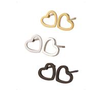 KONFEN 3 Paires Lot Boucles d'Oreilles Clous en Forme de Cœur Ajouré Acier Inoxydable Femme, Piercing Oreille Confort Clou D'Oreille Piercings Tragus Bijoux Fantaisie Hypoallergénique, Argent/Noir/Or