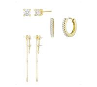 KONFEN 3 Paires Lot de Boucles et Clous D'Oreilles Femme Chaîne Plaqué Or 14K, Piercing Boucle D'Oreille À Croix Longue Frange Avec Brillant Zircone, Fantaisie Hypoallergénique Boucle Pendante, Doré