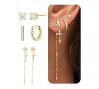 KONFEN 3 Paires Lot de Boucles et Clous D'Oreilles Femme Chaîne Plaqué Or 14K, Piercing Boucle D'Oreille À Croix Longue Frange Avec Brillant Zircone, Fantaisie Hypoallergénique Boucle Pendante, Doré