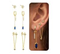 KONFEN 3 Paires Lot de Boucles et Clous D'Oreilles Femme Frange Plaqué Or 14K, Piercing Boucle D'Oreille En Étoile À Chaîne Avec Zircone, Élégantes Hypoallergénique Oreille Bleu Pendante Bijoux, Doré