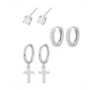 KONFEN 3 Paires Lot de Boucles et Clous D'Oreilles Femme, Piercing Boucles D'Oreilles Creole Croix Pendante Avec Brillant Zircone, Minimalistes Hypoallergénique Petite Boucle Bijoux Cadeau, Argenté
