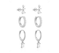 KONFEN 3 Paires Lot de Boucles et Clous D'Oreilles Femme, Piercing Boucles D'Oreilles Creoles Avec Brillant Zircone, Minimaliste Hypoallergénique Petite Boucle D'Oreille Pendante Bijoux Femme, Argent