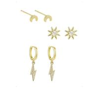 KONFEN 3 Paires Lot de Boucles et Clous D'Oreilles Femme Plaqué Or 14K, Piercing Boucle D'Oreille Forme Étoile Lune Éclair Avec Brillant Zircone, Légères Hypoallergénique Boucle Pendante Bijoux, Doré