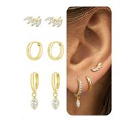 KONFEN 3 Paires Lot de Boucles et Clous D'Oreilles Femme Plaqué Or 14K, Piercing Boucles D'Oreilles Creoles Forme Plume Avec Brillant Zircone, Hypoallergénique Petite D'Oreille Feuille Pendante, Doré