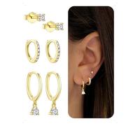 KONFEN 3 Paires Lot de Boucles et Clous D'Oreilles, Piercing Boucles D'Oreilles Creoles Femme Avec Brillant Zircone Pendantes, Minimalistes Hypoallergénique Petite Boucle D'Oreille Bijoux Femme, Doré
