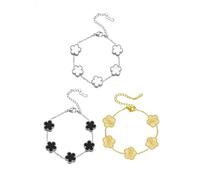 KONFEN 3 Pièces Bracelets Femme Set Trèfle à Cinq Feuilles Porte-Bonheur Acier Inoxydable Plaqué 14K, Réglable Bracelet Élégant DéLicat Chanceux Trefle Breloques Fantaisie Bijou, Noir Blanc Or