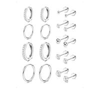 KONFEN 9 Paires Lot Boucles D'Oreilles Clous Créoles Acier Inoxydable Femme, Piercing Oreille Cartilage Clou D'Oreille Zirconium Sphère Petites Creoles Multi-Tailles Tragus Bijoux Fantaisie, Argent