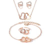 KONFEN Bijoux pour Femmes, Bijoux en Précieuses étincelantes pour Mariage, Collier Boucles d'oreilles et Bracelet en Forme de Double Amour, Cadeaux d'anniversaire et de Mariage, Or rose